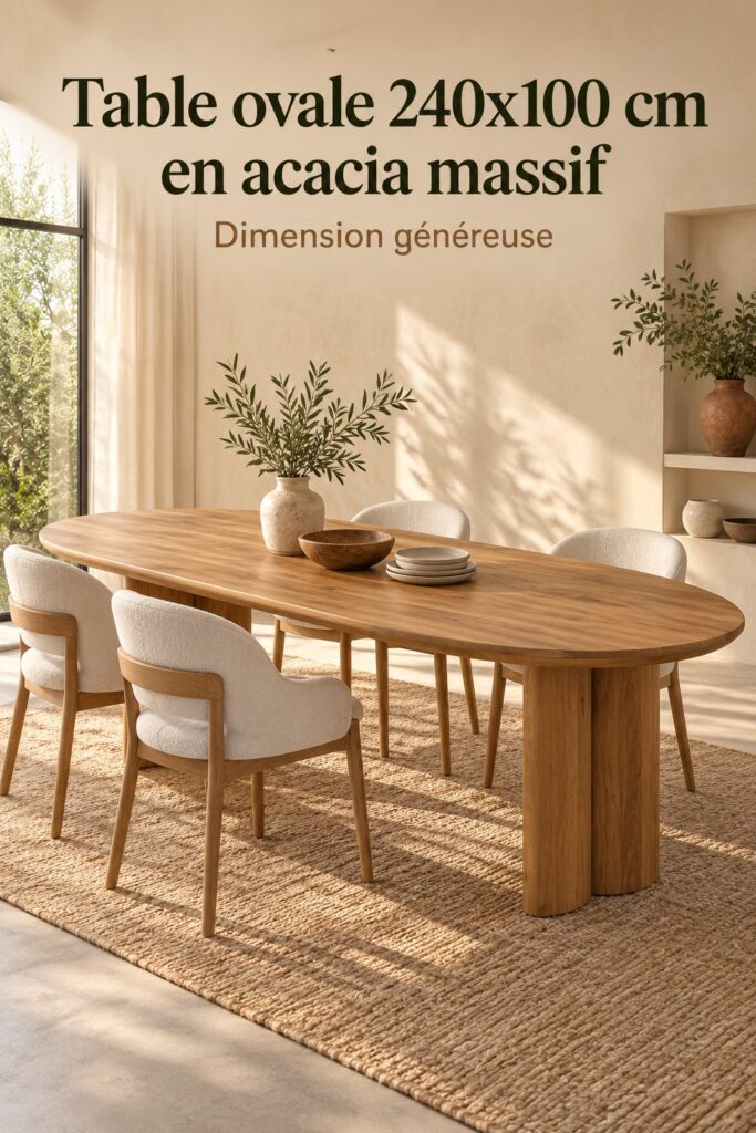Table ovale en bois d'acacia dans une salle à manger chaleureuse