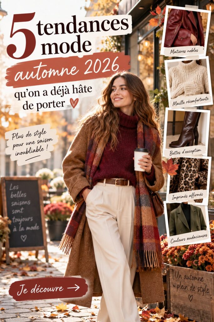 Un collage des tendances mode automne 2026 avec des vêtements élégants et pratiques pour mamans.