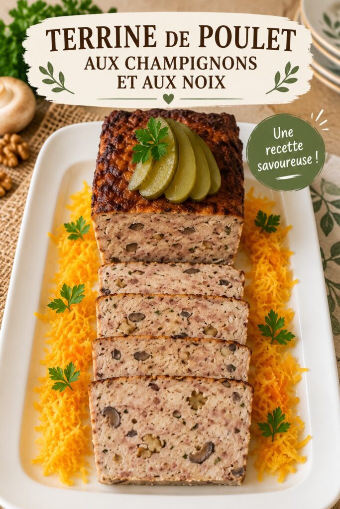 Terrine de poulet garnie de champignons et noix, prête à être servie sur une table en bois.