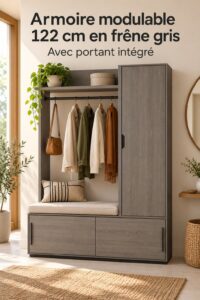 Vestiaire modulable en bois de frêne gris anthracite, élégant et fonctionnel dans un espace moderne.