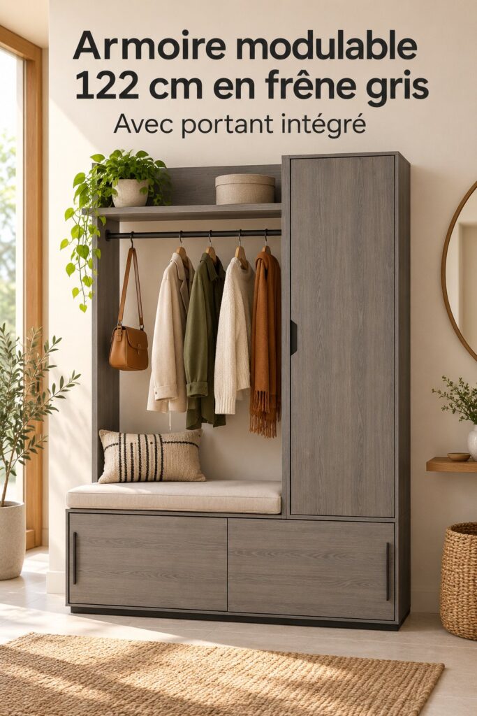 Vestiaire modulable en bois de frêne gris anthracite, élégant et fonctionnel dans un espace moderne.