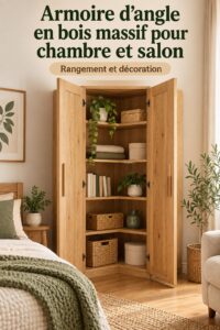Armoire d'angle en bois massif, élégamment agencée dans un salon vintage.