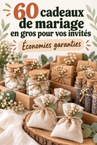 Une sélection de cadeaux de mariage en gros pour invités, incluant des articles personnalisés et rustiques.