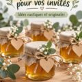 Cadeaux de mariage uniques et personnalisés pour les invités, présentés sur une table en bois.