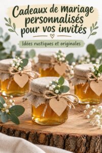 Cadeaux de mariage uniques et personnalisés pour les invités, présentés sur une table en bois.