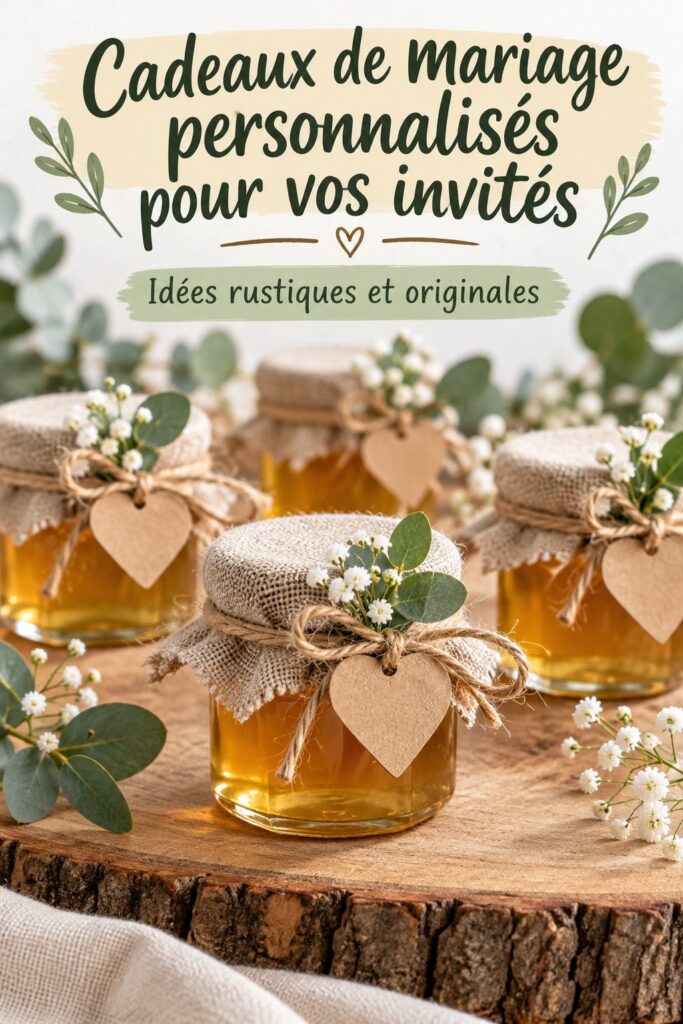 Cadeaux de mariage uniques et personnalisés pour les invités, présentés sur une table en bois.