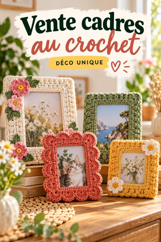 Cadre au crochet artisanal exposé sur une étagère en bois