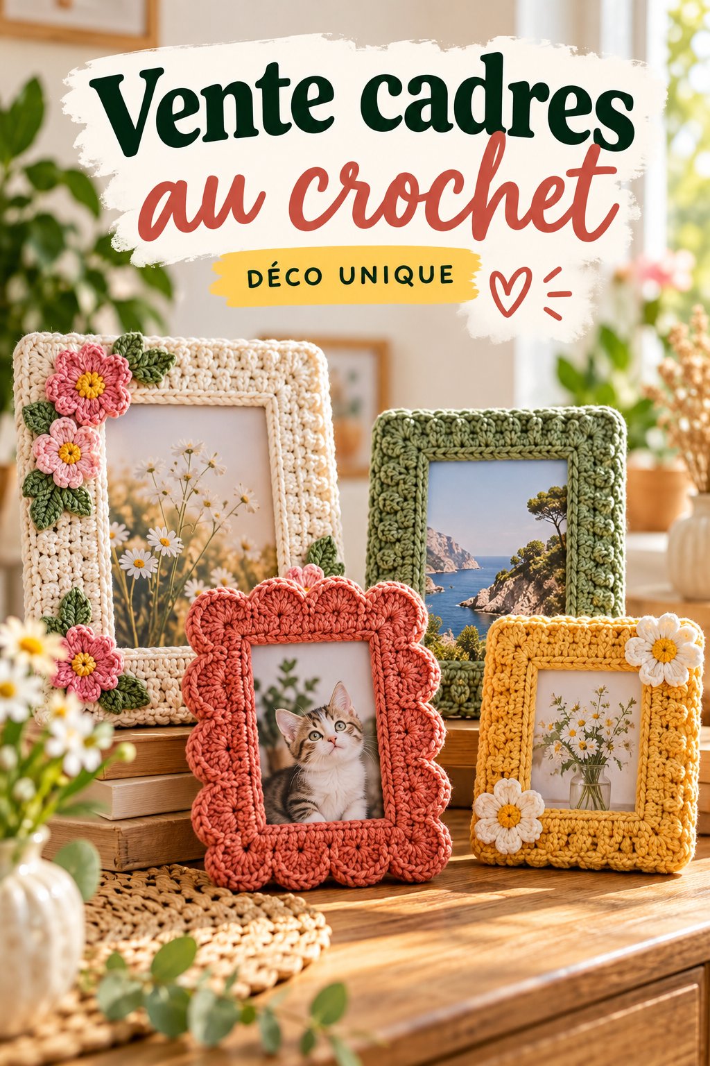 Cadre au crochet artisanal exposé sur une étagère en bois
