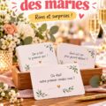 Carte quiz colorée sur une table de mariage, décor vintage.