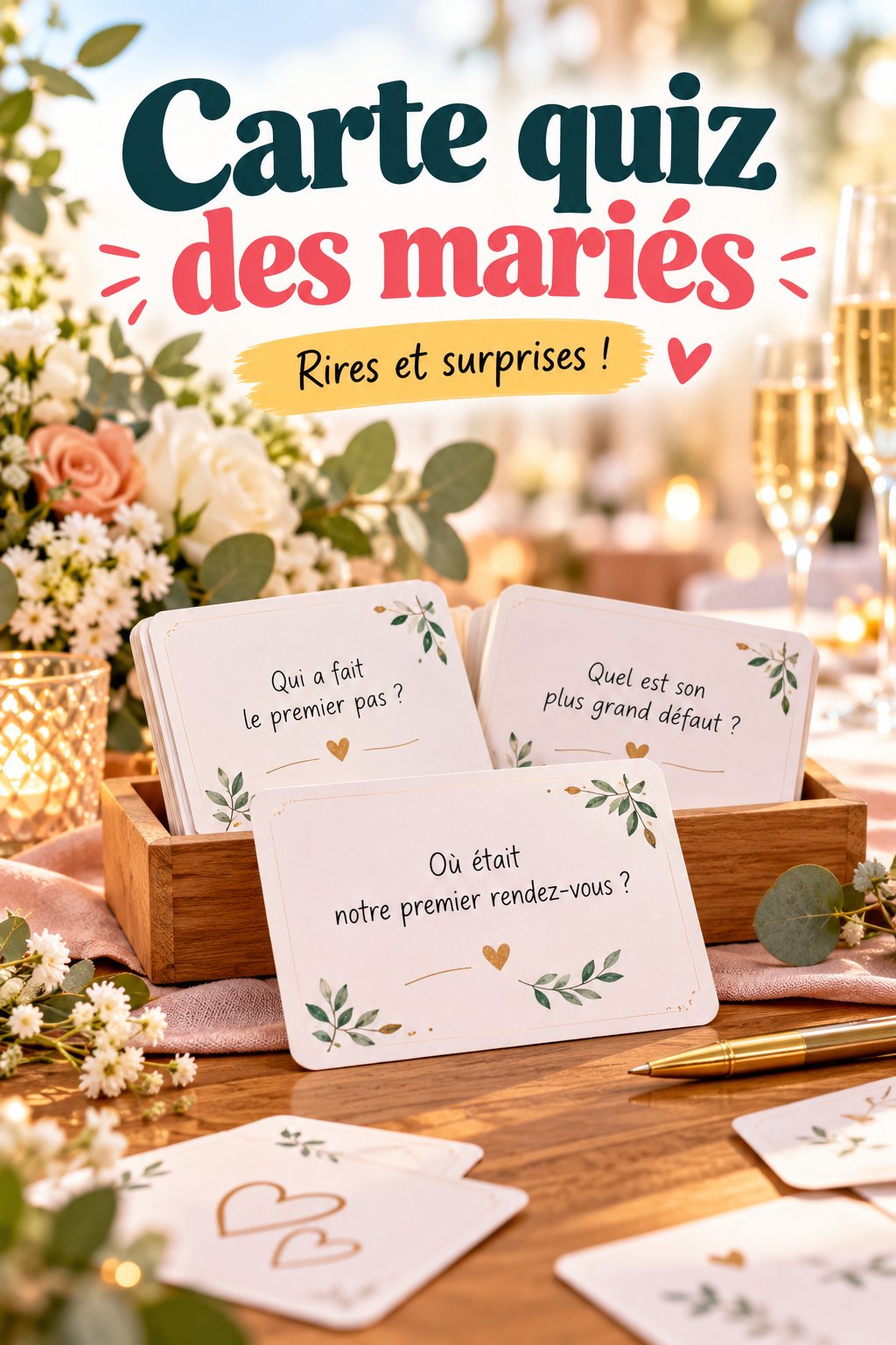 Carte quiz colorée sur une table de mariage, décor vintage.