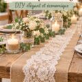 Chemin de table en jute et dentelle disposé sur une table de mariage élégamment décorée