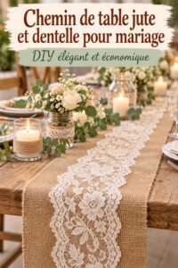 Chemin de table en jute et dentelle disposé sur une table de mariage élégamment décorée