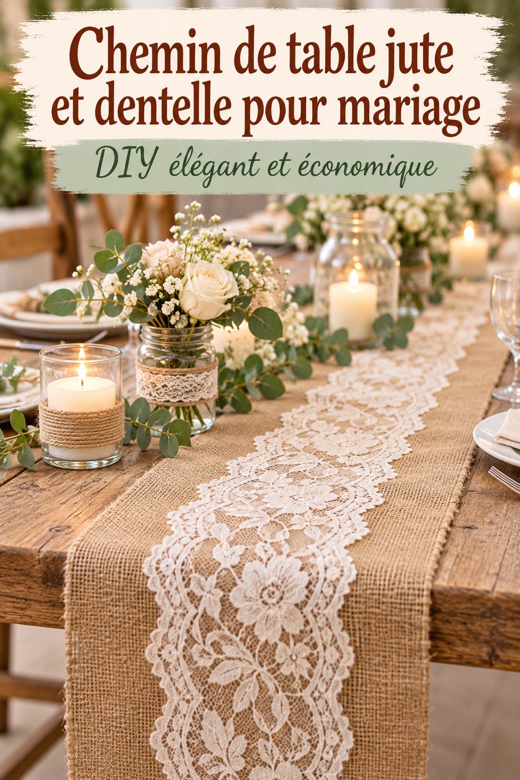 Chemin de table en jute et dentelle disposé sur une table de mariage élégamment décorée