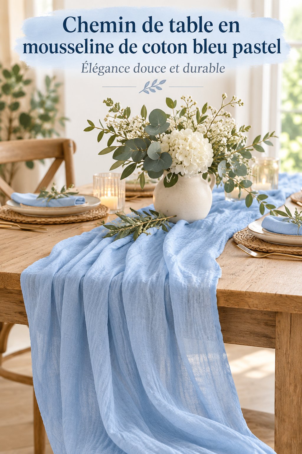 Chemin de table en mousseline bleu pastel sur une table élégamment dressée
