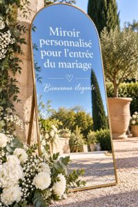 Miroir de bienvenue élégant décoré pour un mariage.