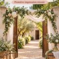 Entrée décorée de fleurs et de lanternes pour un mariage chaleureux