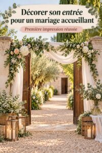 Entrée décorée de fleurs et de lanternes pour un mariage chaleureux