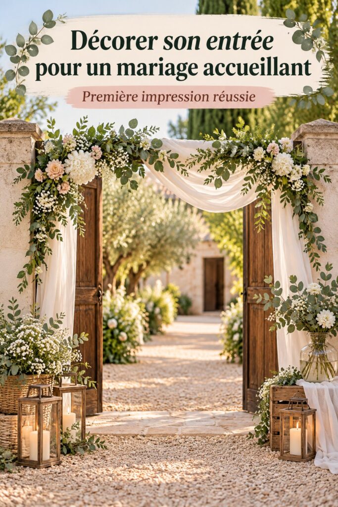 Entrée décorée de fleurs et de lanternes pour un mariage chaleureux