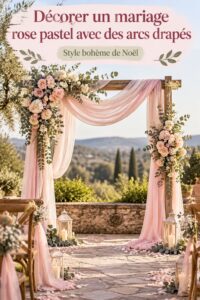 Drapé en tissu pastel et décorations florales pour un mariage bohème.