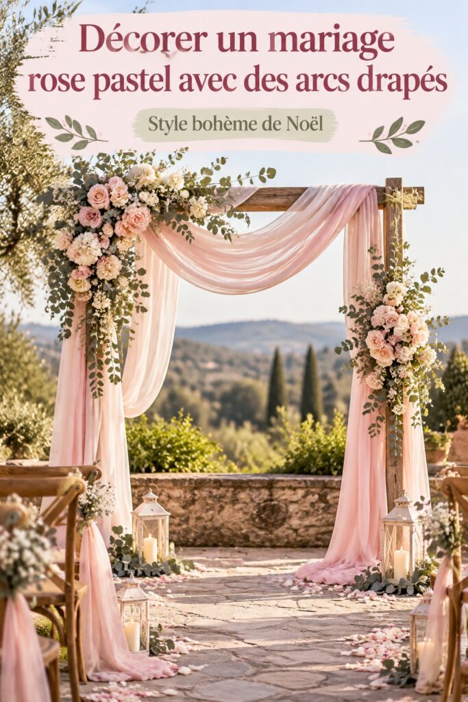 Drapé en tissu pastel et décorations florales pour un mariage bohème.