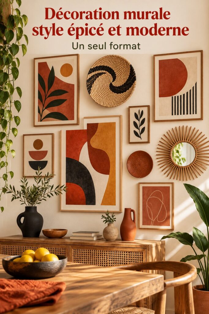 Décoration murale vintage dans un salon élégant, mettant en avant des artéfacts et textures chaleureuses.