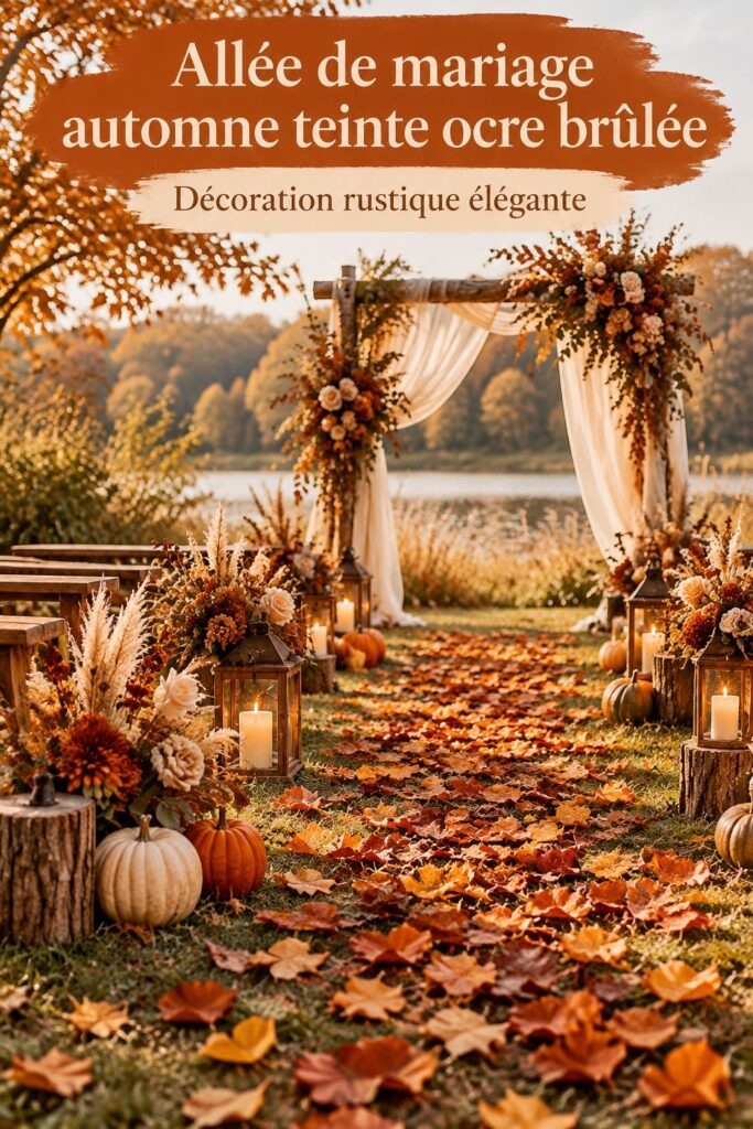 Décoration d'une allée de mariage d'automne avec des touches vintage et des paniers