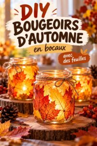 Bougeoirs d'automne réalisés en bocaux décorés de feuilles