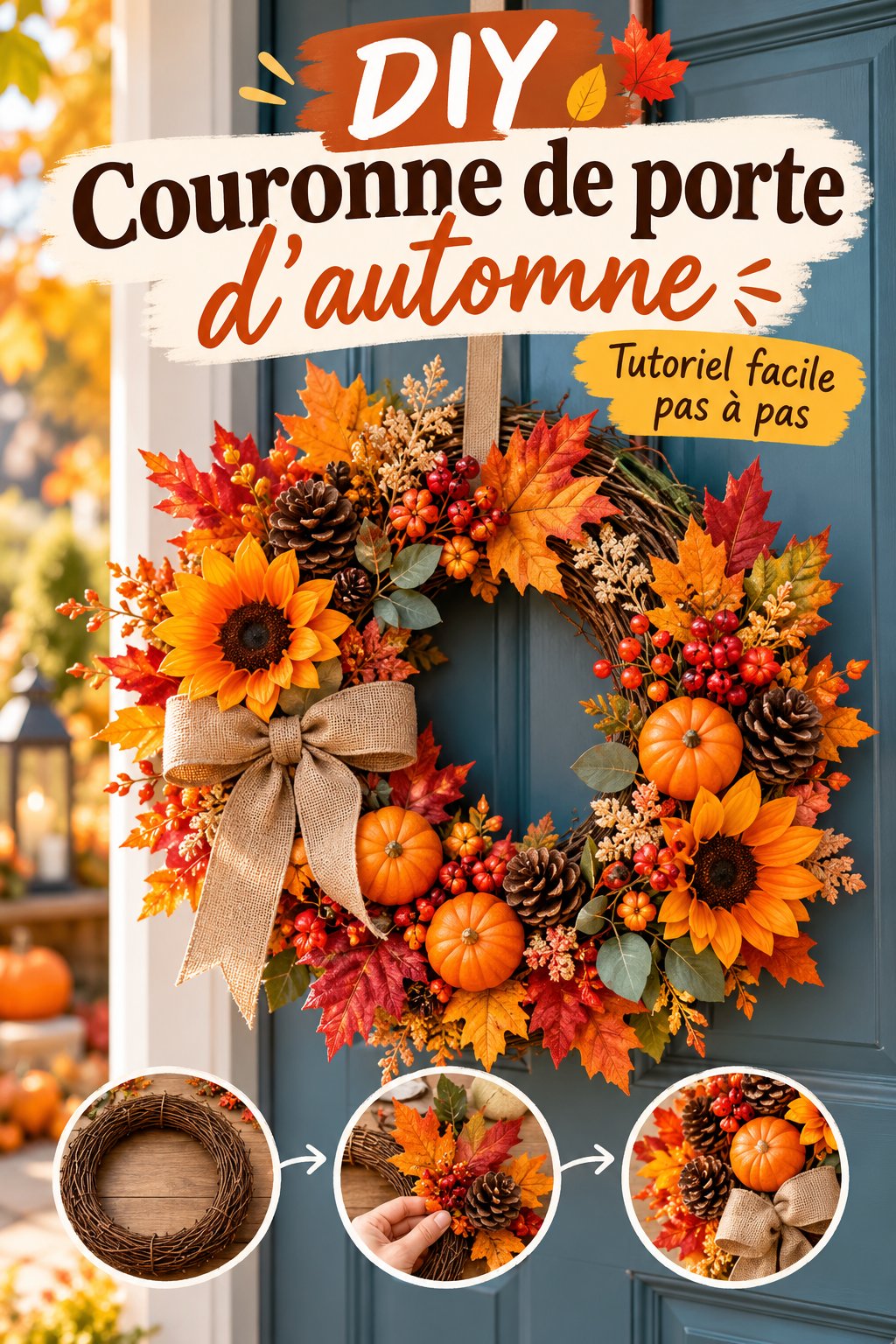 Couronne de porte d'automne avec des éléments naturels