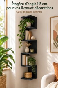 Étagère d'angle en bois avec des livres et des objets déco