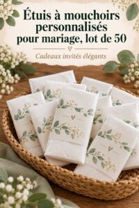 Des étuis à mouchoirs personnalisés pour mariage sur une table élégante.
