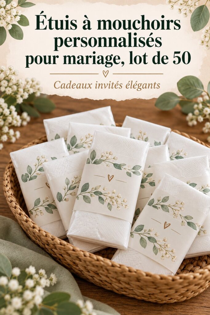 Des étuis à mouchoirs personnalisés pour mariage sur une table élégante.