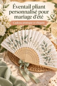 Éventail pliant personnalisé avec perles et rubans pour un mariage d'été.