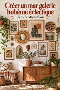 Une galerie murale éclectique et bohème dans un salon chaleureux, présentant divers cadres et œuvres d'art.