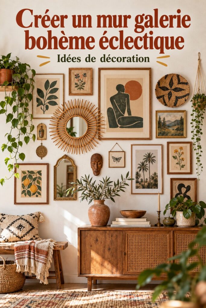 Une galerie murale éclectique et bohème dans un salon chaleureux, présentant divers cadres et œuvres d'art.