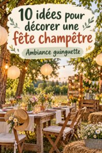 Décoration de réception guinguette avec guirlandes lumineuses et tables vintage.