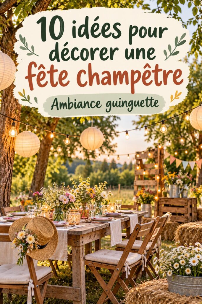 Décoration de réception guinguette avec guirlandes lumineuses et tables vintage.