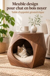 Un lit moderne pour chat en placage de noyer dans un intérieur stylé.