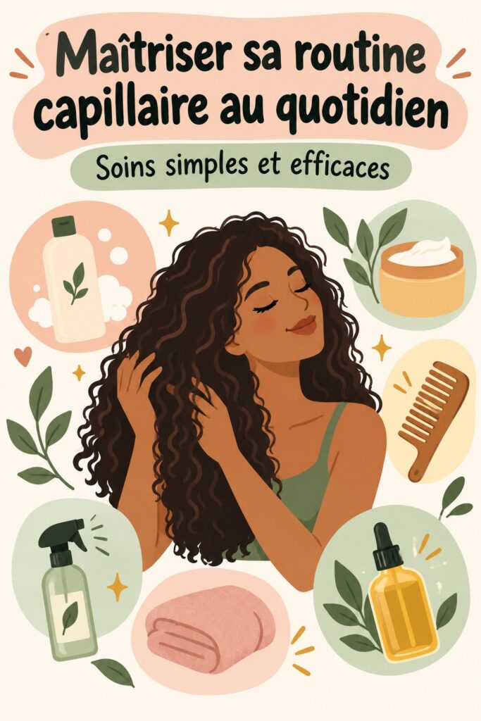 Femme souriante montrant ses cheveux brillants, illustrant une routine capillaire au quotidien.