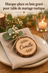Marque-place en bois gravé pour un mariage rustique avec une décoration florale