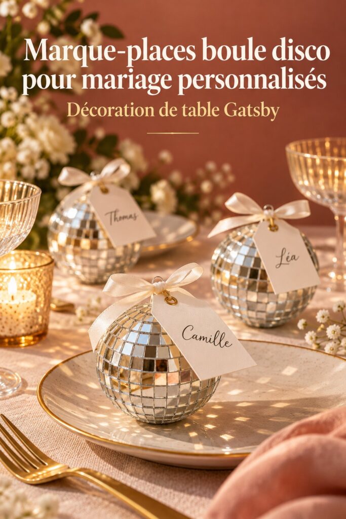 Marque-places boule disco personnalisés pour mariage sur une table élégante