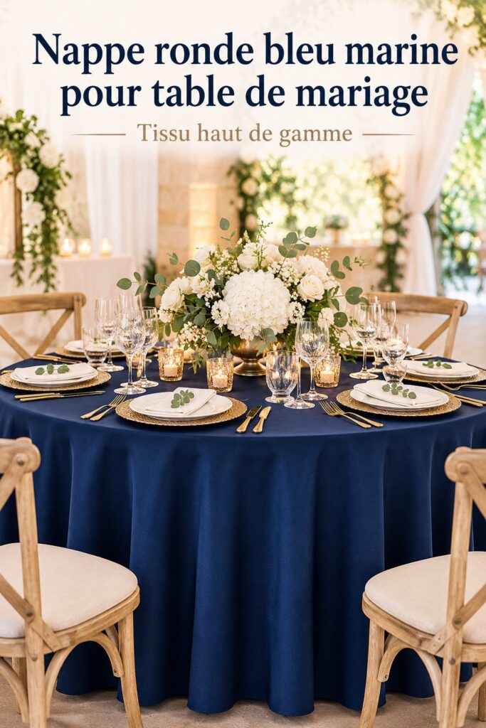 Nappe ronde bleu marine joliment drapée sur une table décorée pour un mariage.