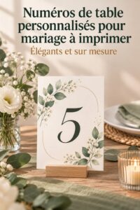 Numéros de table personnalisés élégamment imprimés pour un mariage.