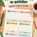 Une femme souriante consulte son budget personnel sur une tablette dans un cadre familial chaleureux.