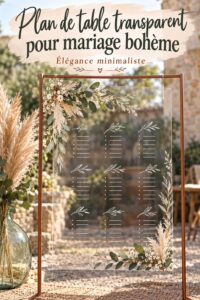 Plan de table transparent en plexiglass avec fleurs et éléments bohèmes