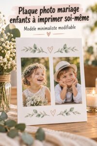 Plaque de mariage personnalisée pour enfants avec photos imprimables en décoration élégante.
