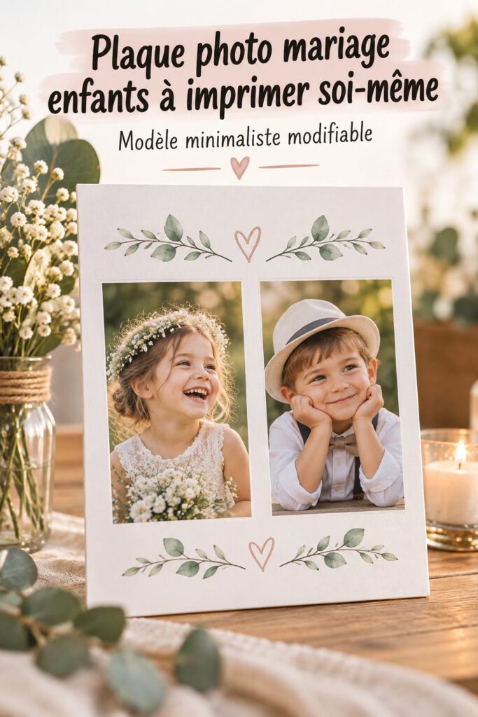 Plaque de mariage personnalisée pour enfants avec photos imprimables en décoration élégante.