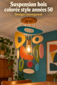 Suspension murale en bois moderne avec des couleurs vives, style mid-century.