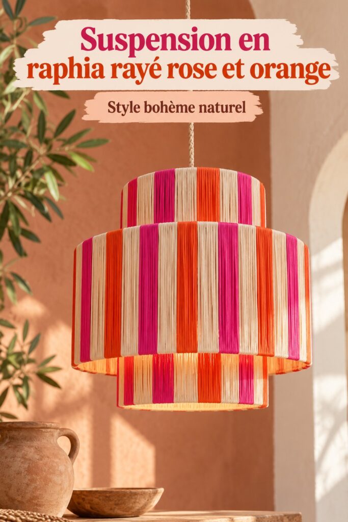 Suspension en raphia rayée Sunny aux couleurs rose et orange dans un intérieur moderne.