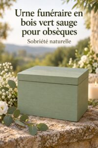 Urne funéraire en bois vert sauge exposée sur une table décorée avec des fleurs