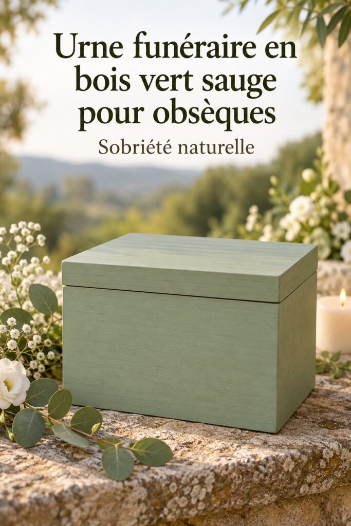 Urne funéraire en bois vert sauge exposée sur une table décorée avec des fleurs